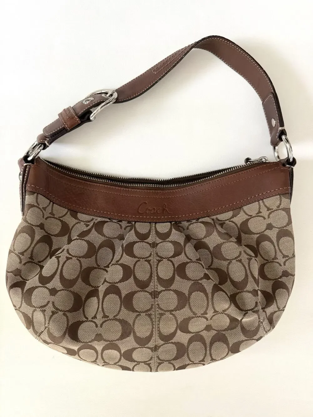 Coach Soho F13740 Signature Pleated Hobo Shoulder Bag Brown Jacquard Y2K